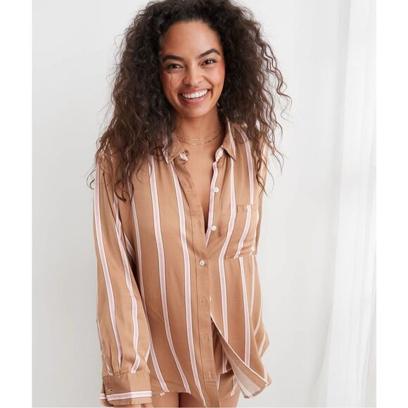 Aerie Pj to Party Pajama Set Button Down Short Size Small Brown Satin Pink - Picture 1 of 10